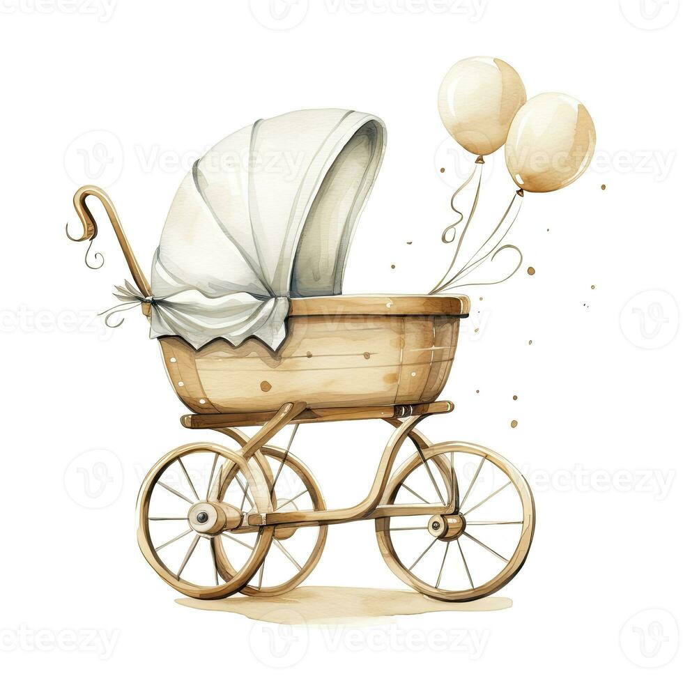 AI generated Watercolor Baby carriage Clipart on white background. AI Generated photo