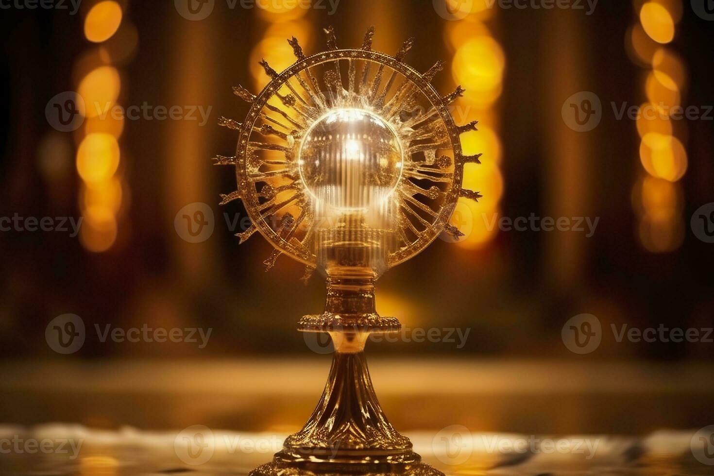 ai generado el dorado custodia con un pequeño transparente cristal centro, consagrado anfitrión. Iglesia desenfocado antecedentes. ai generativo foto