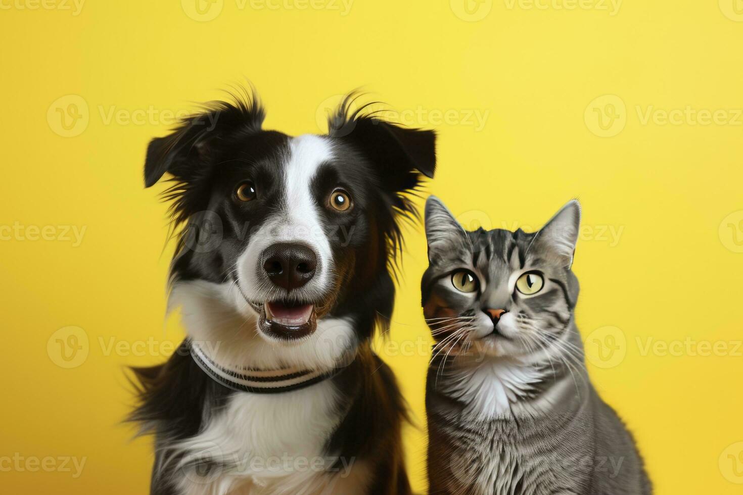 AI generated Cat and dog together with happy expressions on yellow background. AI Generated photo