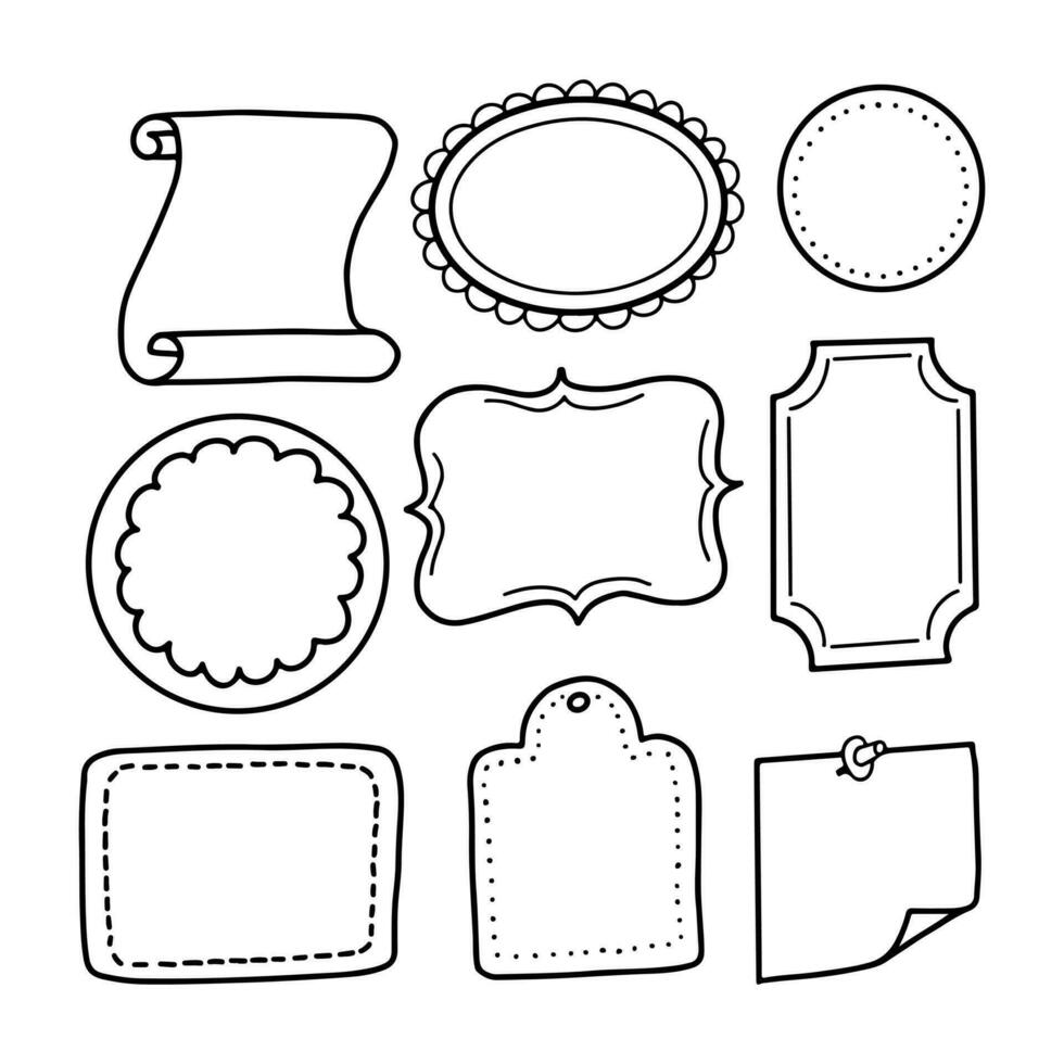 Set of outline hand drawn doodle frames. Vector isolated black contour frames for stickers on white background.