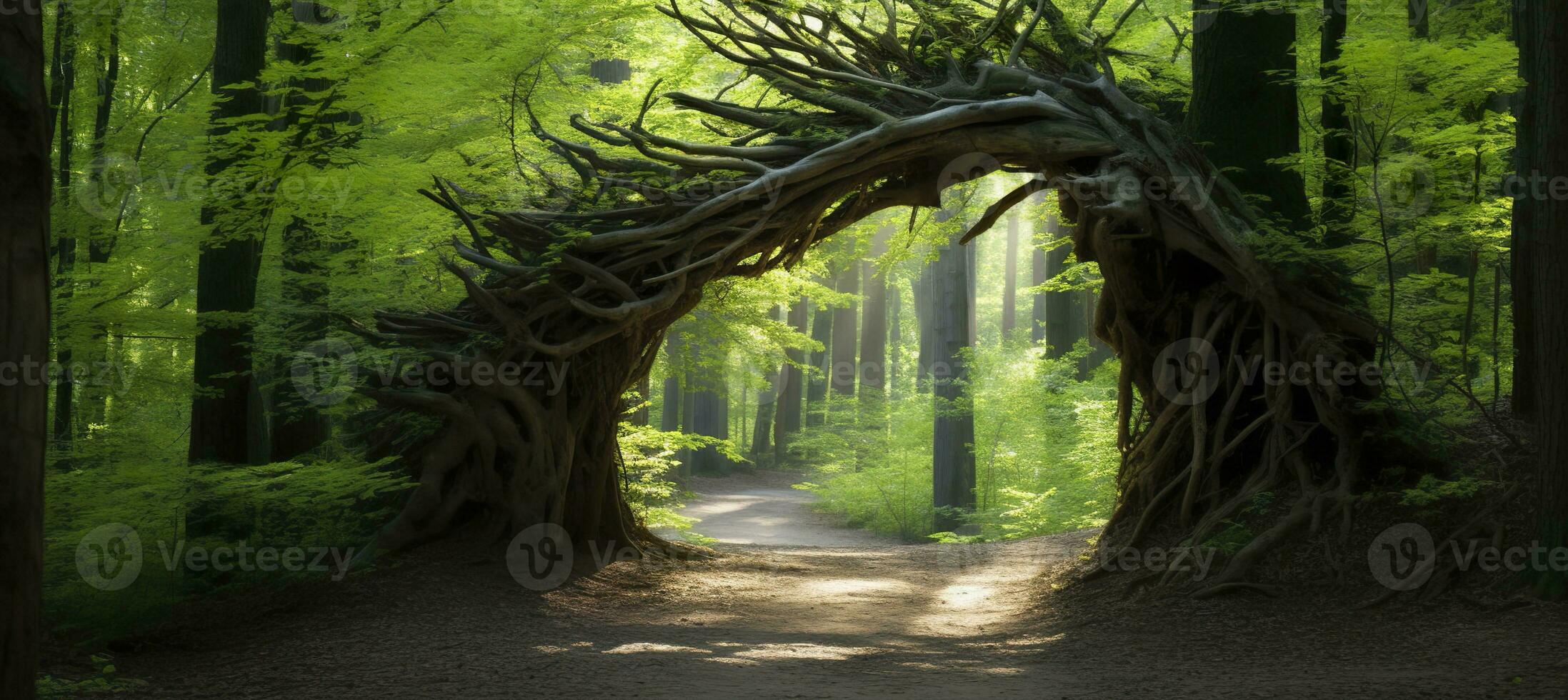 AI generated Natural archway shaped by branches in the forest. AI Generated photo