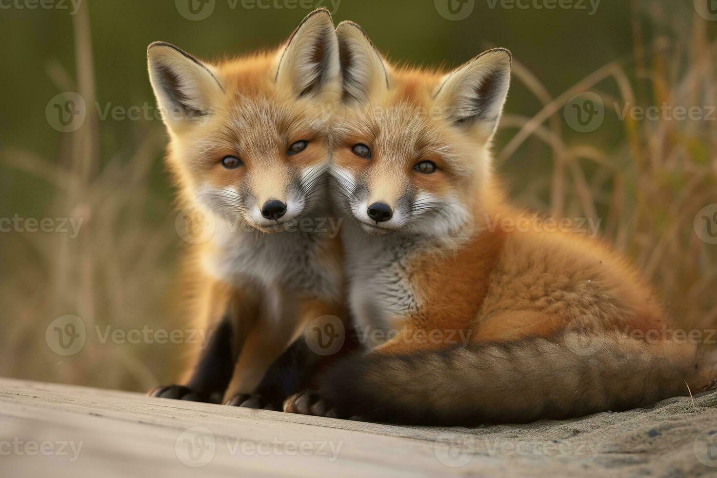 AI generated Wild baby red foxes cuddling at the beach. Generative AI photo