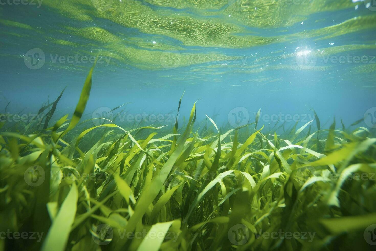 AI generated Underwater view of a group of seabed with green seagrass. AI Generated photo