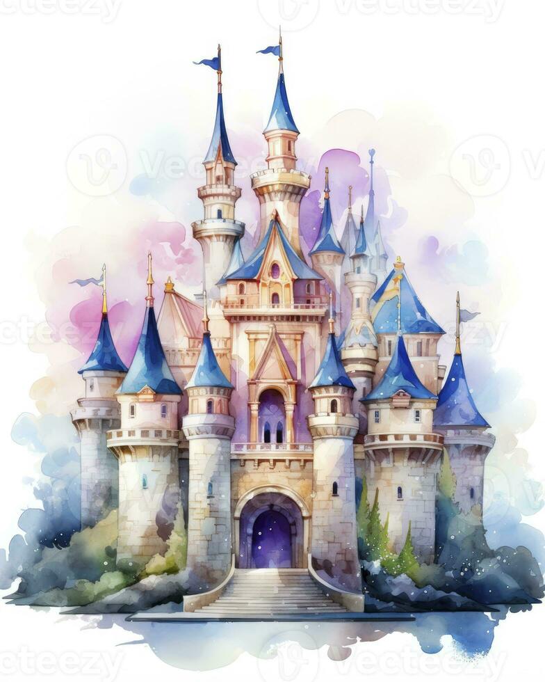 AI generated Colorful watercolor kawaii castle isolated on white background. AI Generated photo