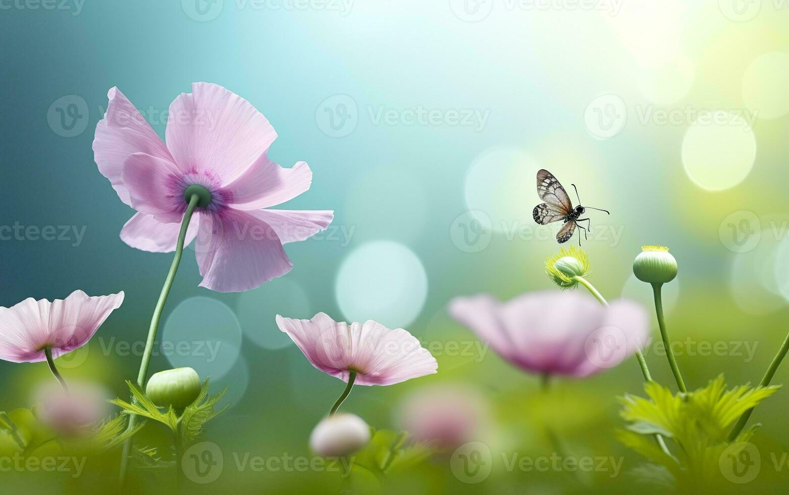 AI generated Fresh spring morning on nature and fluttering butterflies on a soft green background. Generative AI photo