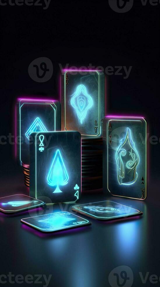 AI generated Some playing cards with glowing neon designs on a tablet. Generative AI photo