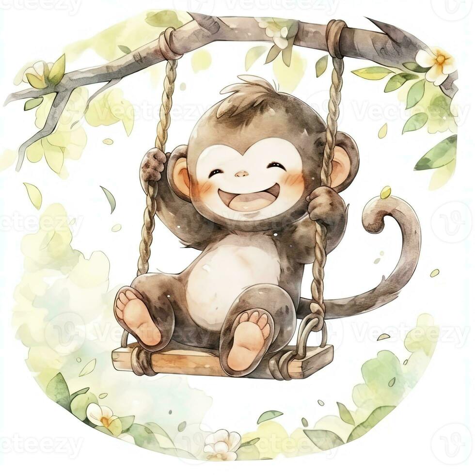 AI generated Cute happy baby monkey on swings on a tree in watercolor. AI Generated photo