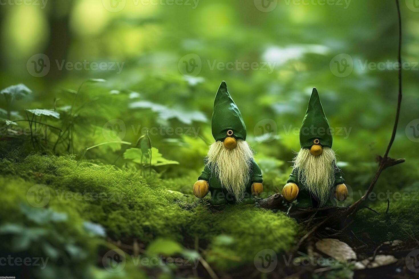 AI generated Toy Irish gnomes in a mystery forest, abstract green natural background. Generative AI photo