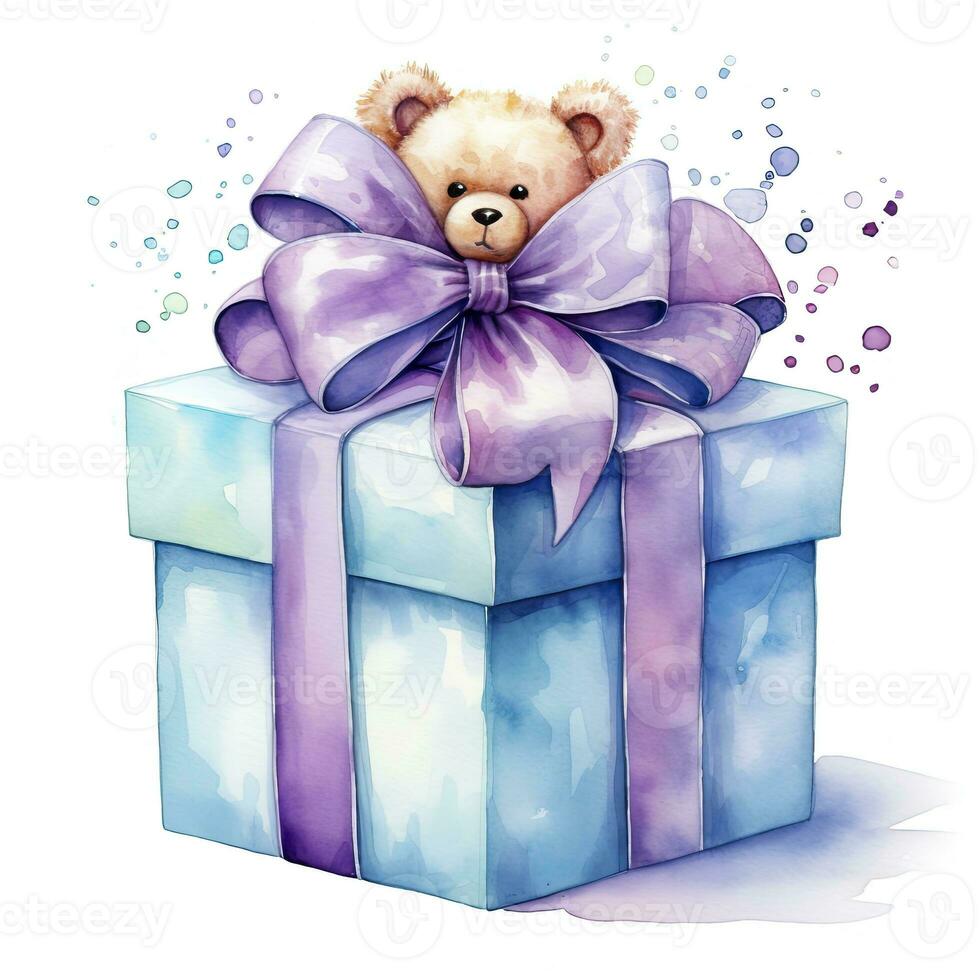 AI generated Watercolor birthday present with bow isolated on white background.  AI Generated photo