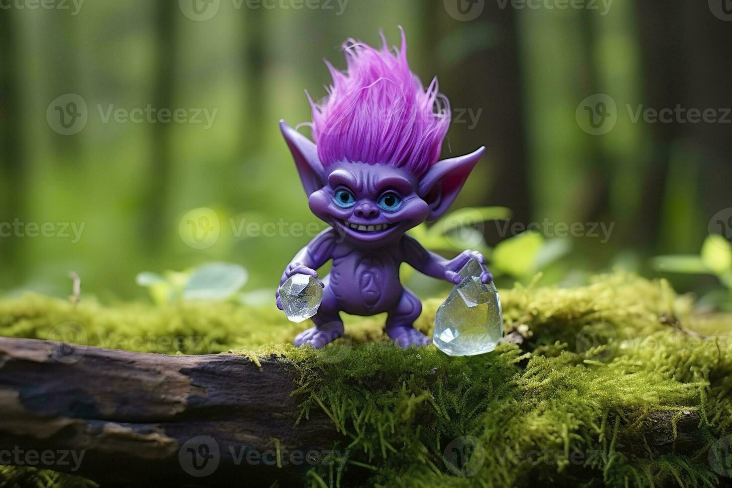 AI generated Tale troll with crystals in the forest, natural green background. Generative AI photo