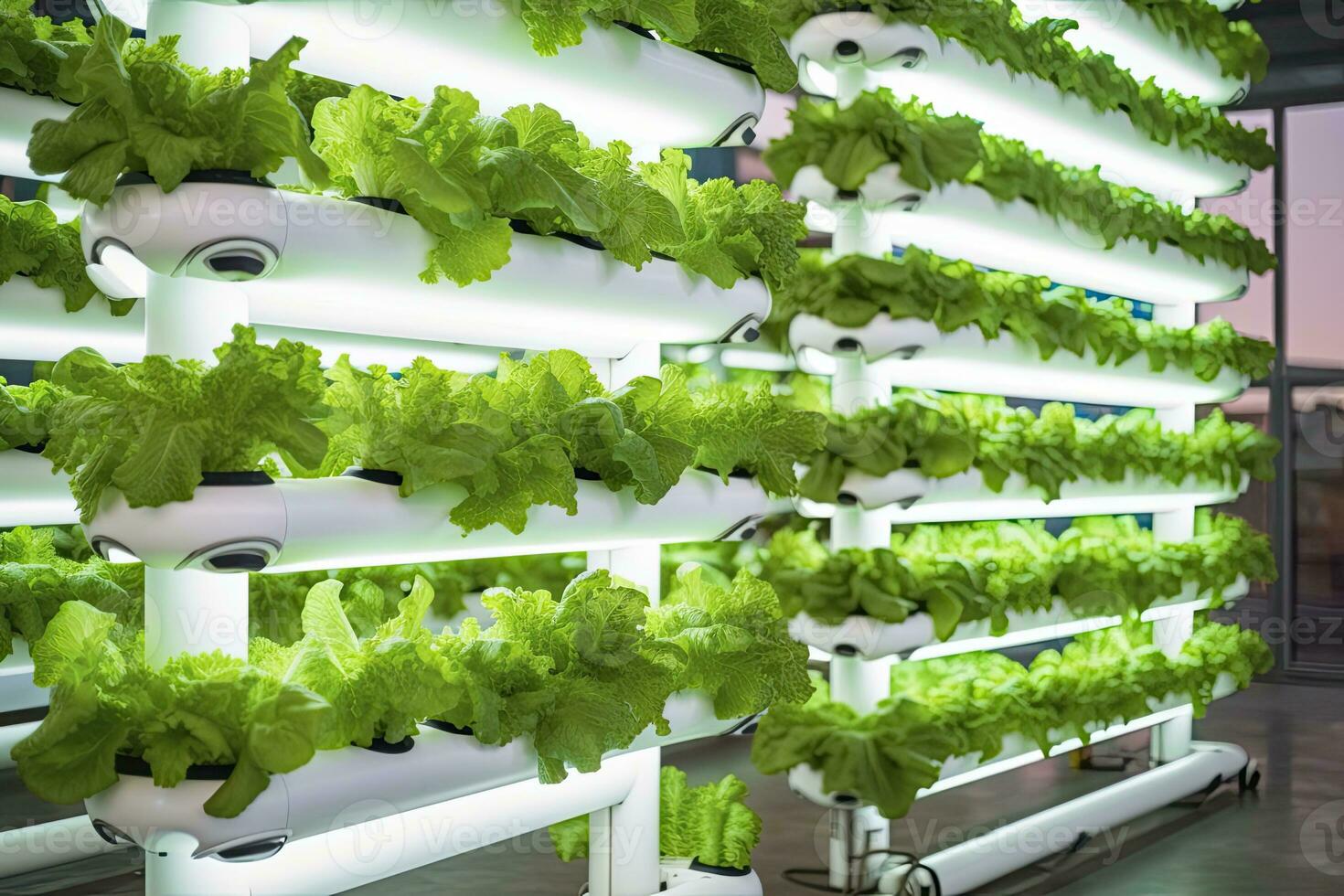 AI generated Vertical Hydroponic Plant System With Cultivated Lettuces. AI Generated photo