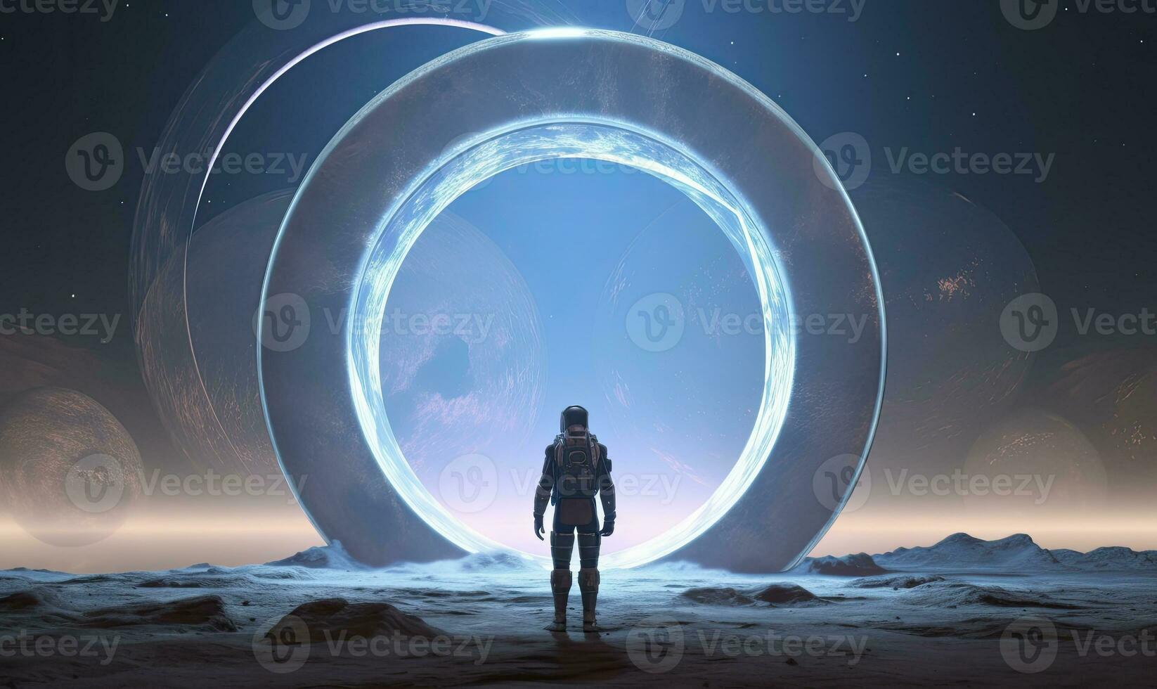 AI generated Astronaut in front of dimensional portal.  AI Generated. photo