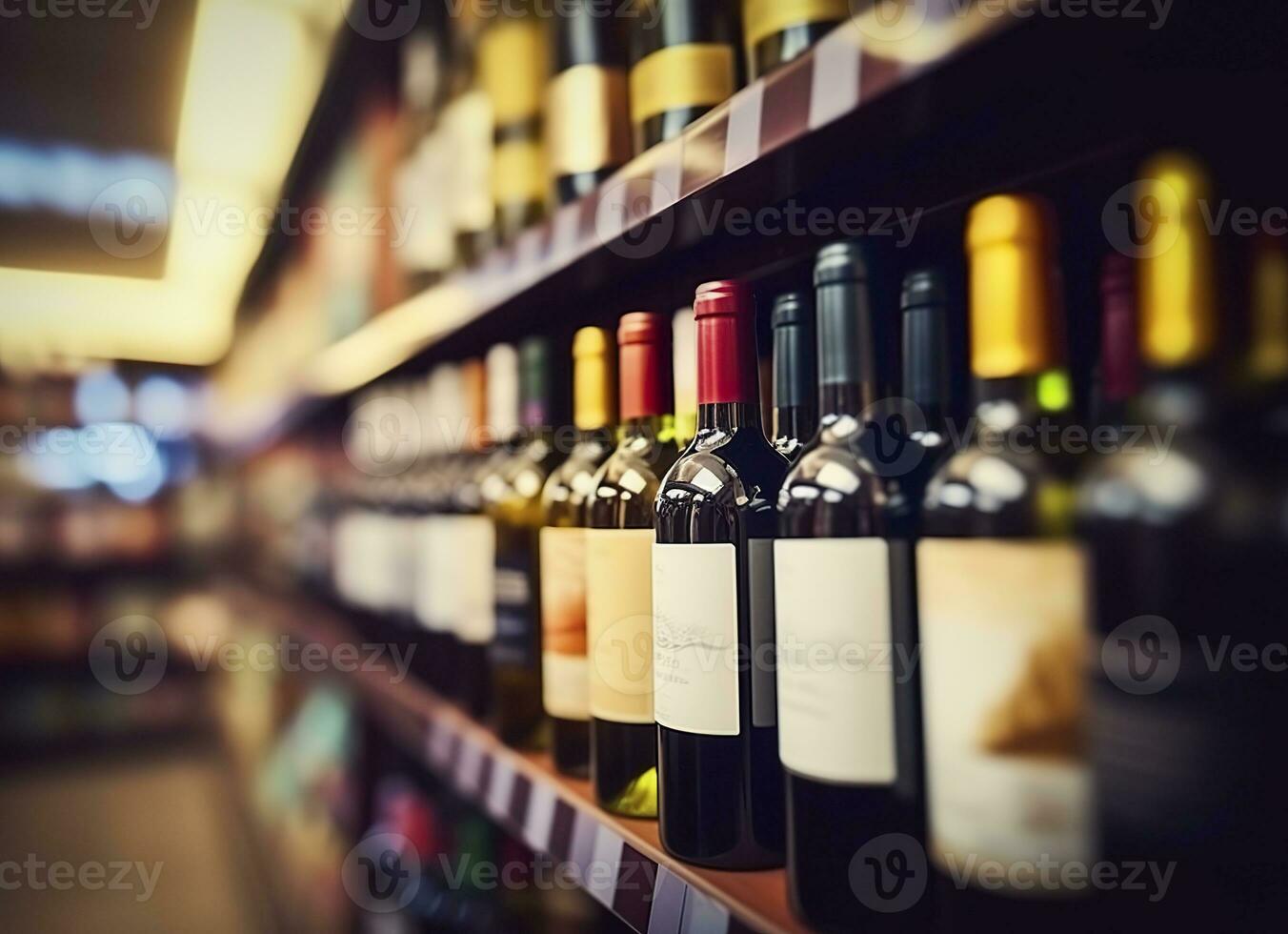 AI generated Abstract blur wine bottles on liquor alcohol shelves in supermarket store background. Generative AI photo