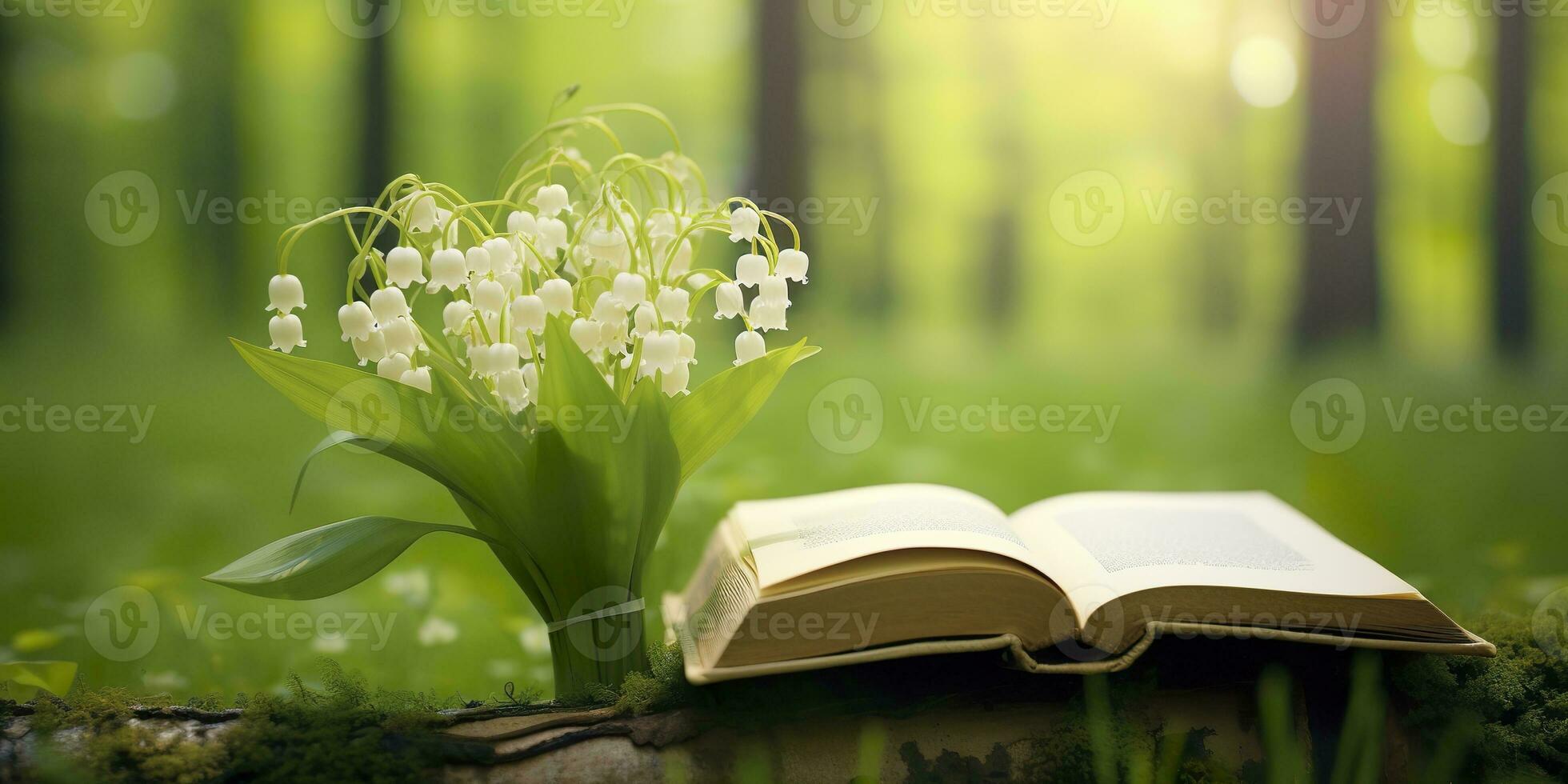 AI generated Lily of the Valley flowers and old books in the forest, green natural background. AI Generated photo