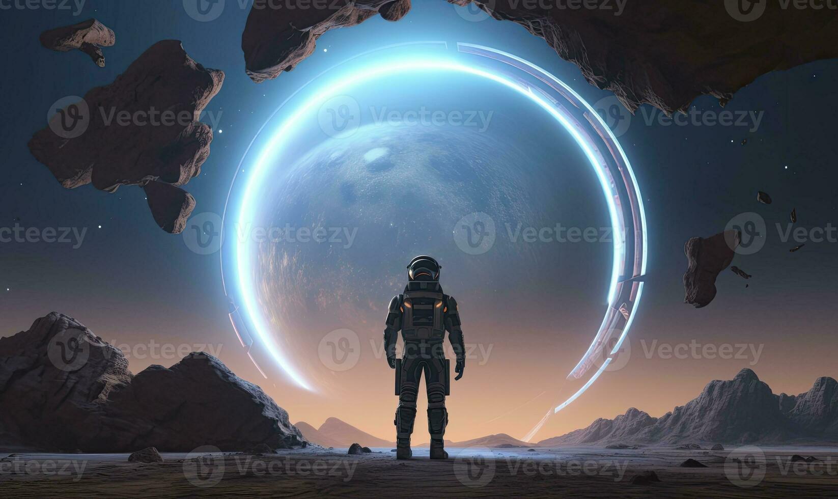 AI generated Astronaut in front of dimensional portal.  AI Generated. photo