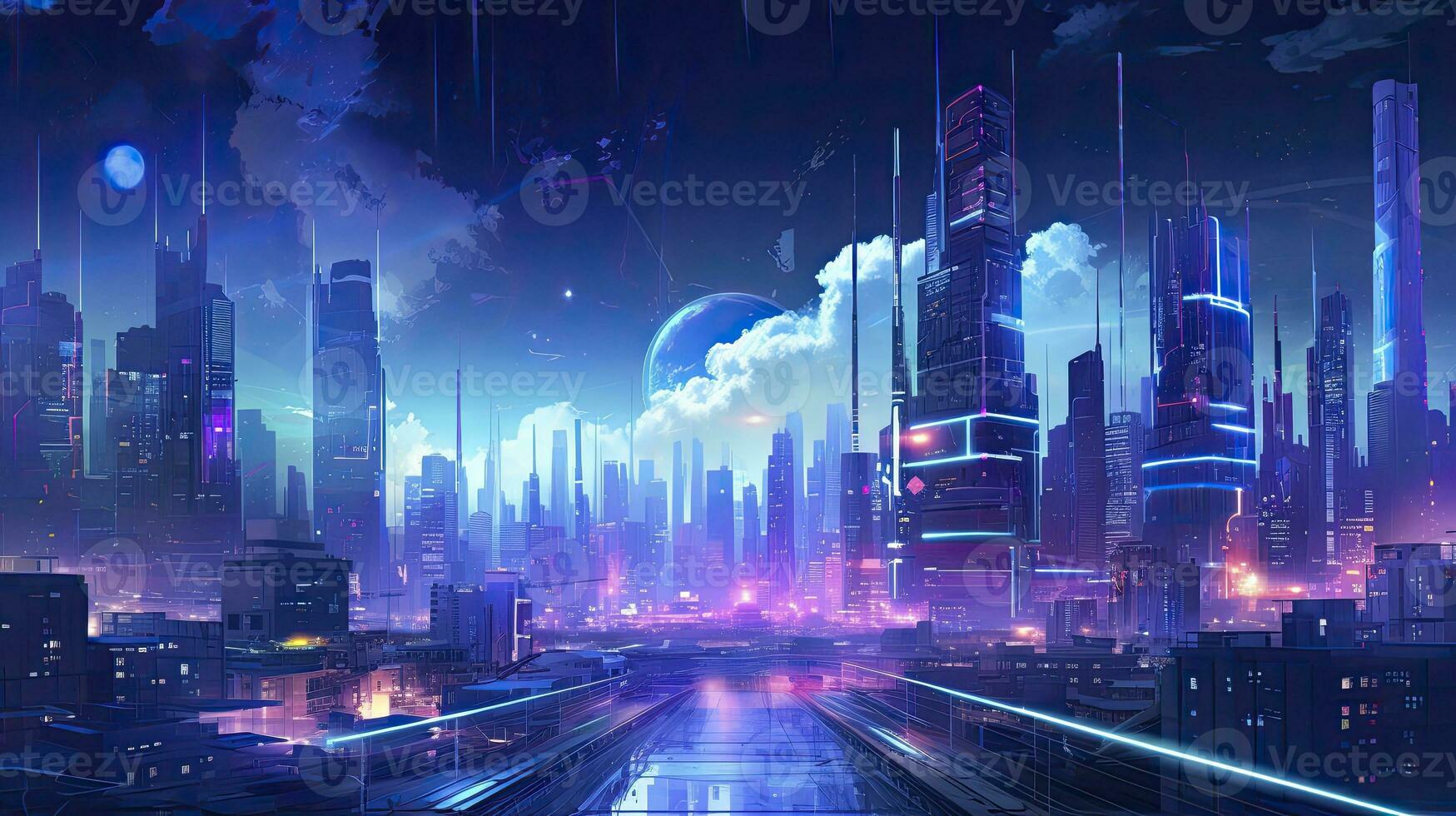 AI generated A futuristic, cyberpunk inspired cityscape at night. AI Generated photo