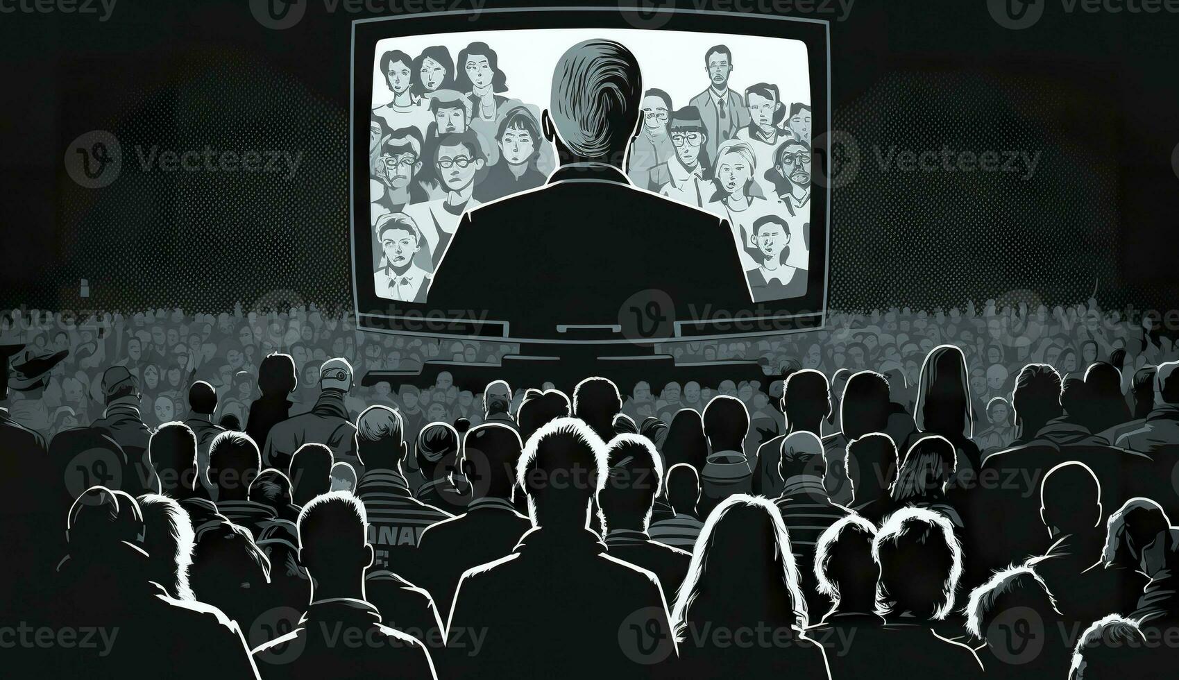 AI generated People crowd watching TV. TV addiction, propaganda and fake news concept. Generative AI photo