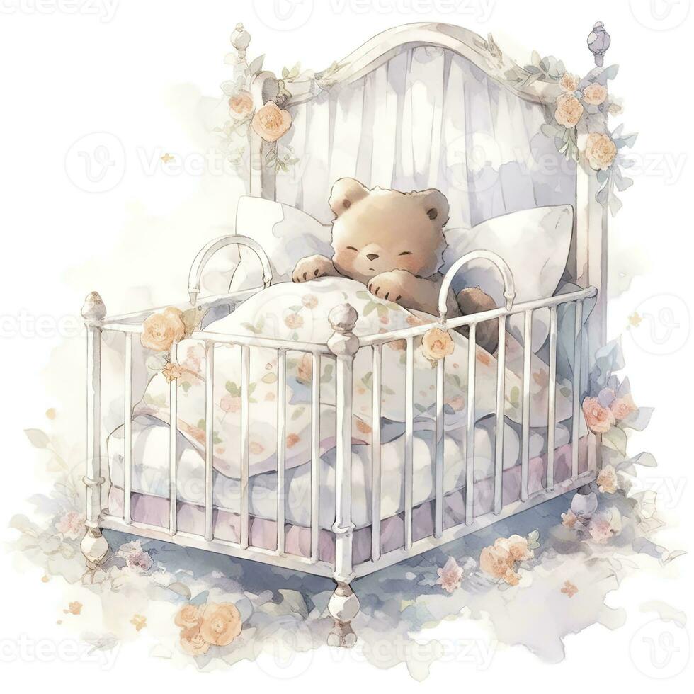 AI generated A sleepy baby bear in a bedding. watercolor illustration. AI Generated photo