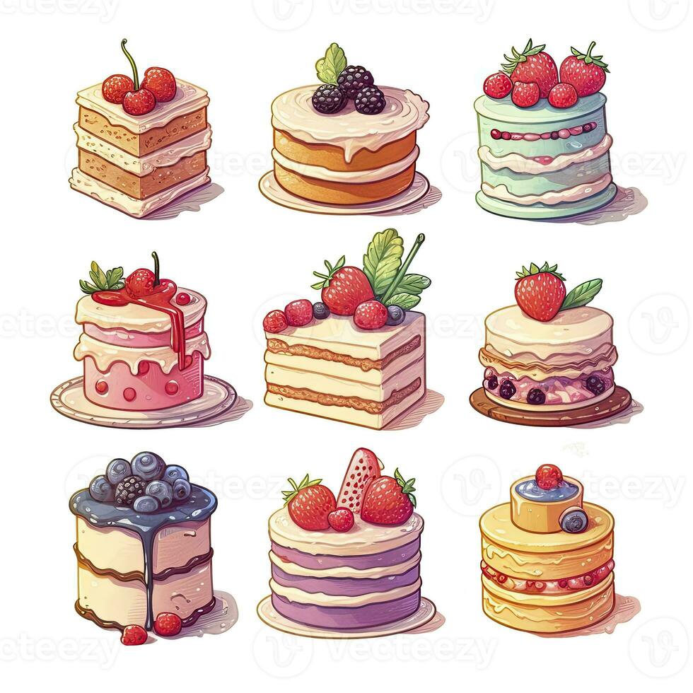 AI generated Set of Cake piece illustration on white background. AI Generated photo