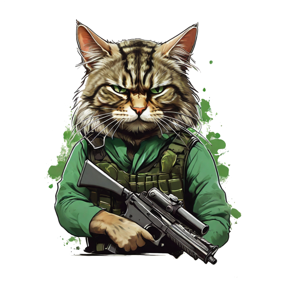AI generated illustration of a cat holding a gun png