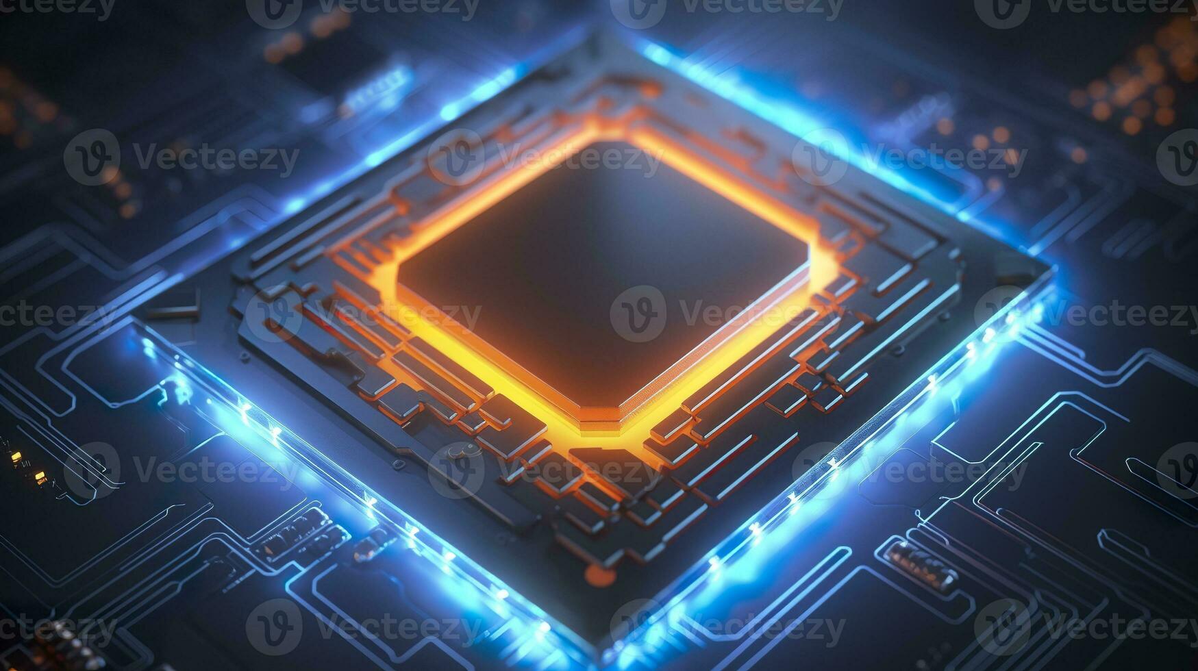 AI generated Top View of a Chip with Glowing Light and Fog in Orange and Blue. AI Generative photo