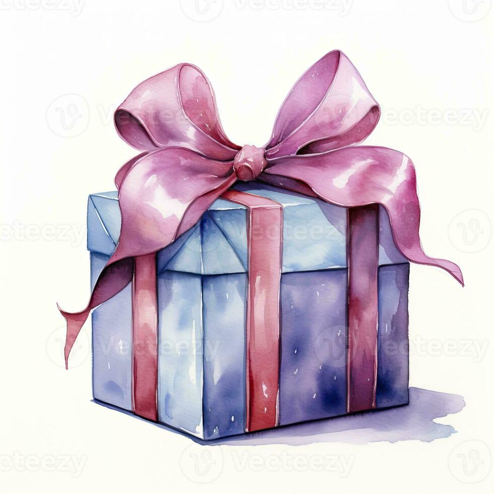 AI generated Watercolor birthday present with bow isolated on white background.  AI Generated photo