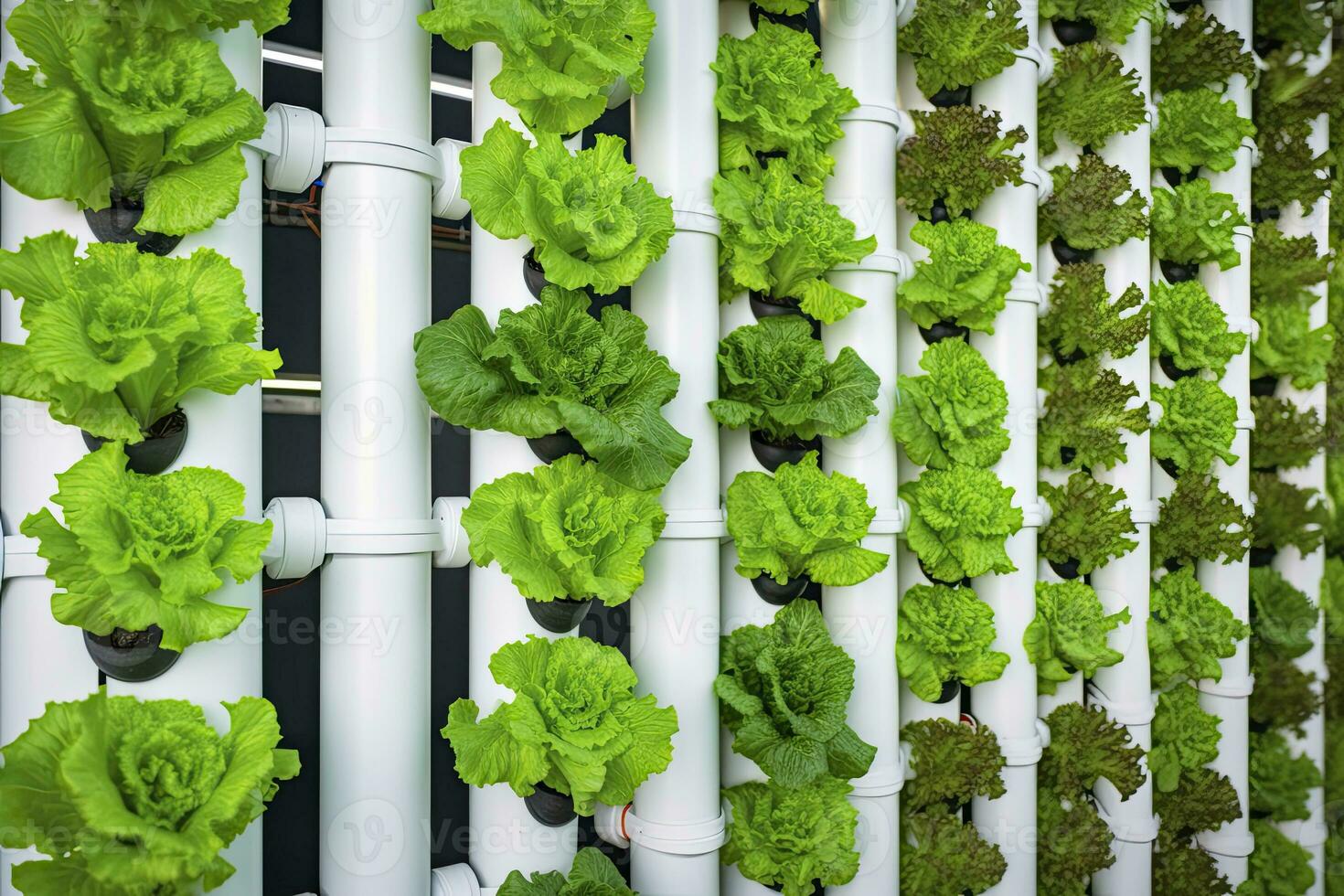 AI generated Vertical Hydroponic Plant System With Cultivated Lettuces. AI Generated photo