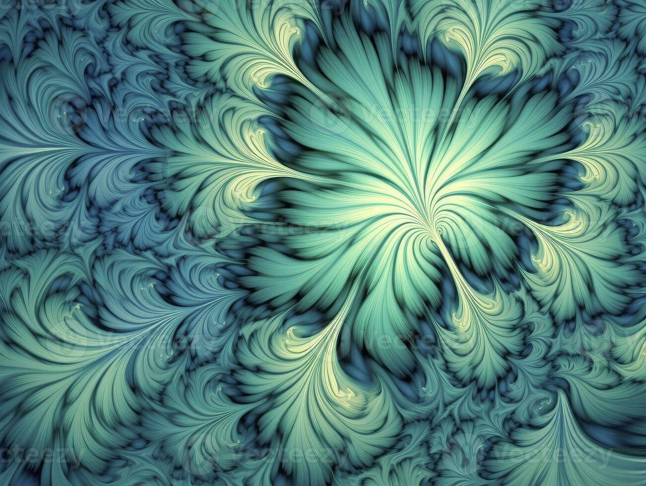 AI generated Aqua and Green psychedelic fractal.  AI Generated photo