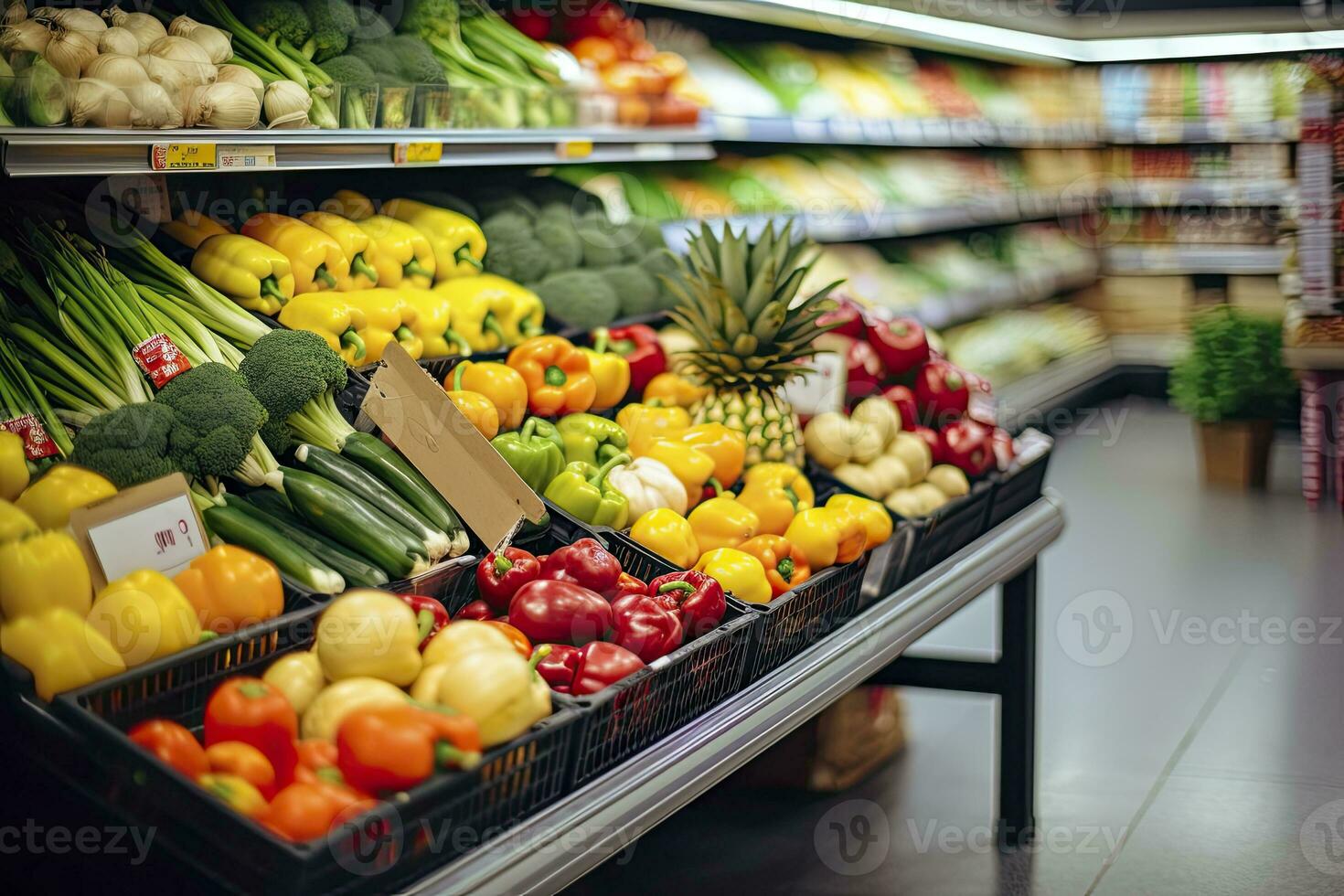 ai generado frutas y vegetales en tienda estar en supermercado tienda de comestibles almacenar. ai generado foto