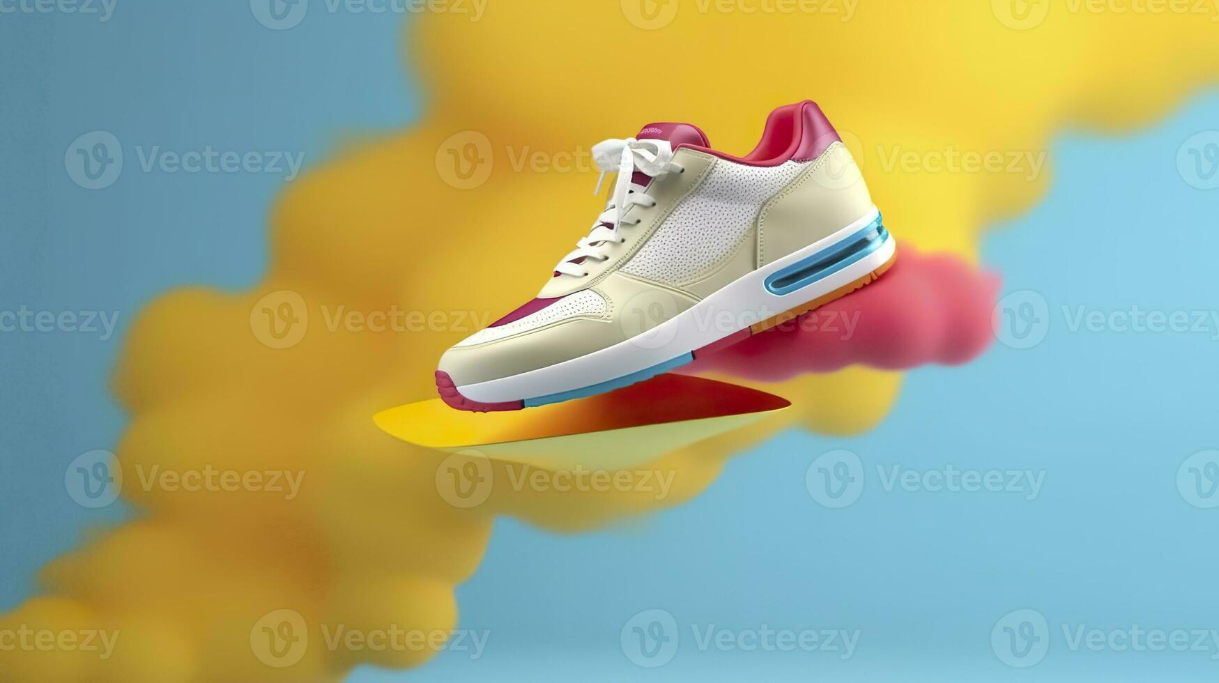 AI generated Flying trendy sneakers on creative colorful background, Stylish fashionable concept. AI Generated photo