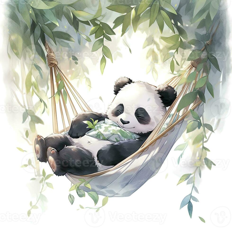 AI generated A sleepy baby panda in a hammock. watercolor illustration. AI Generated photo