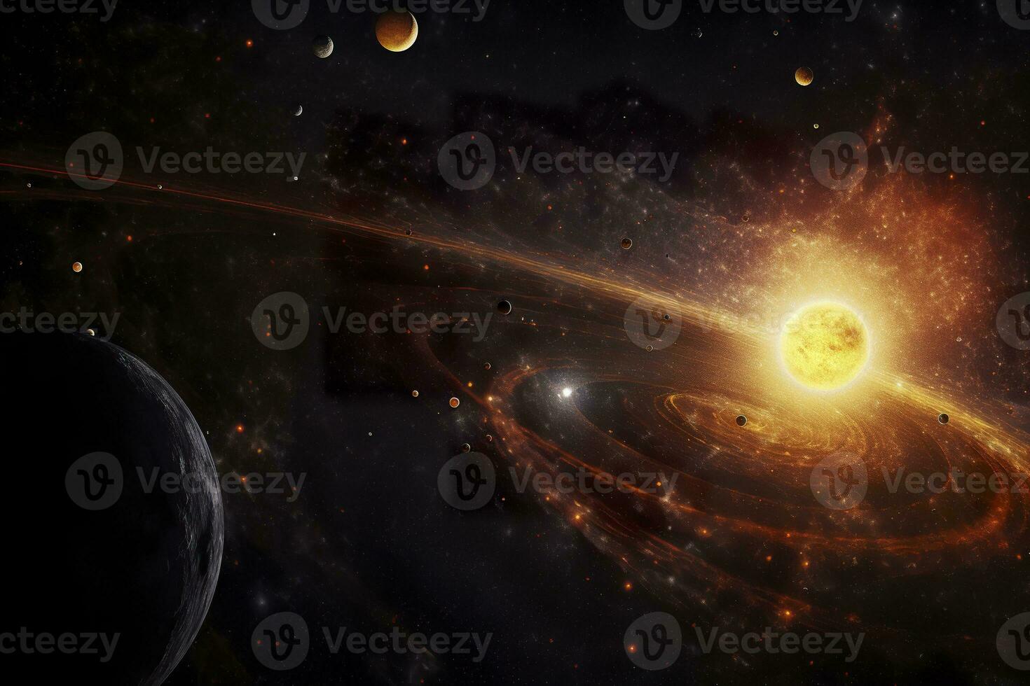 AI generated Our 3d Solar system with planets in orbits path. AI Generative photo