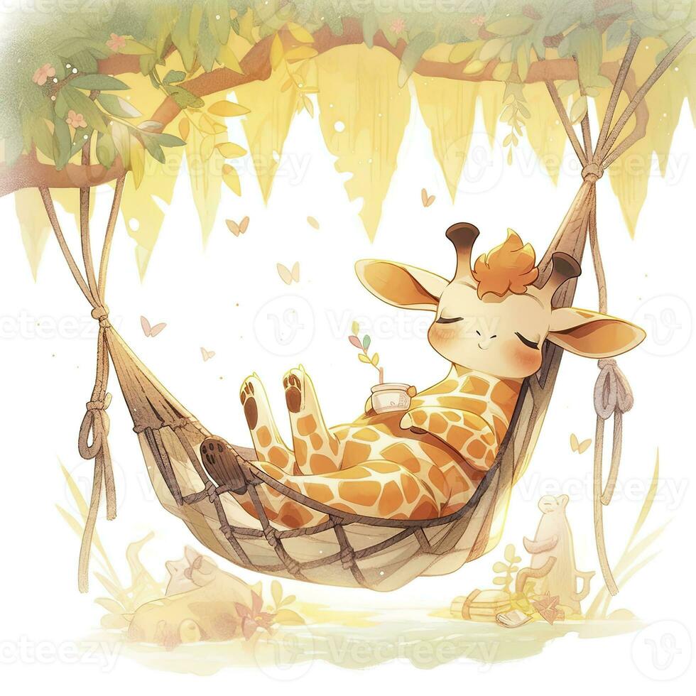 AI generated A sleepy baby giraffe in a hammock. watercolor illustration. AI Generated photo