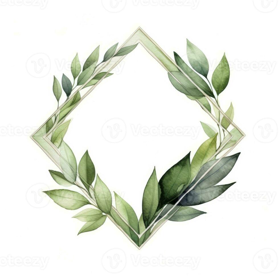 AI generated Watercolor geometry shape wreath with green leaf. AI Generated photo