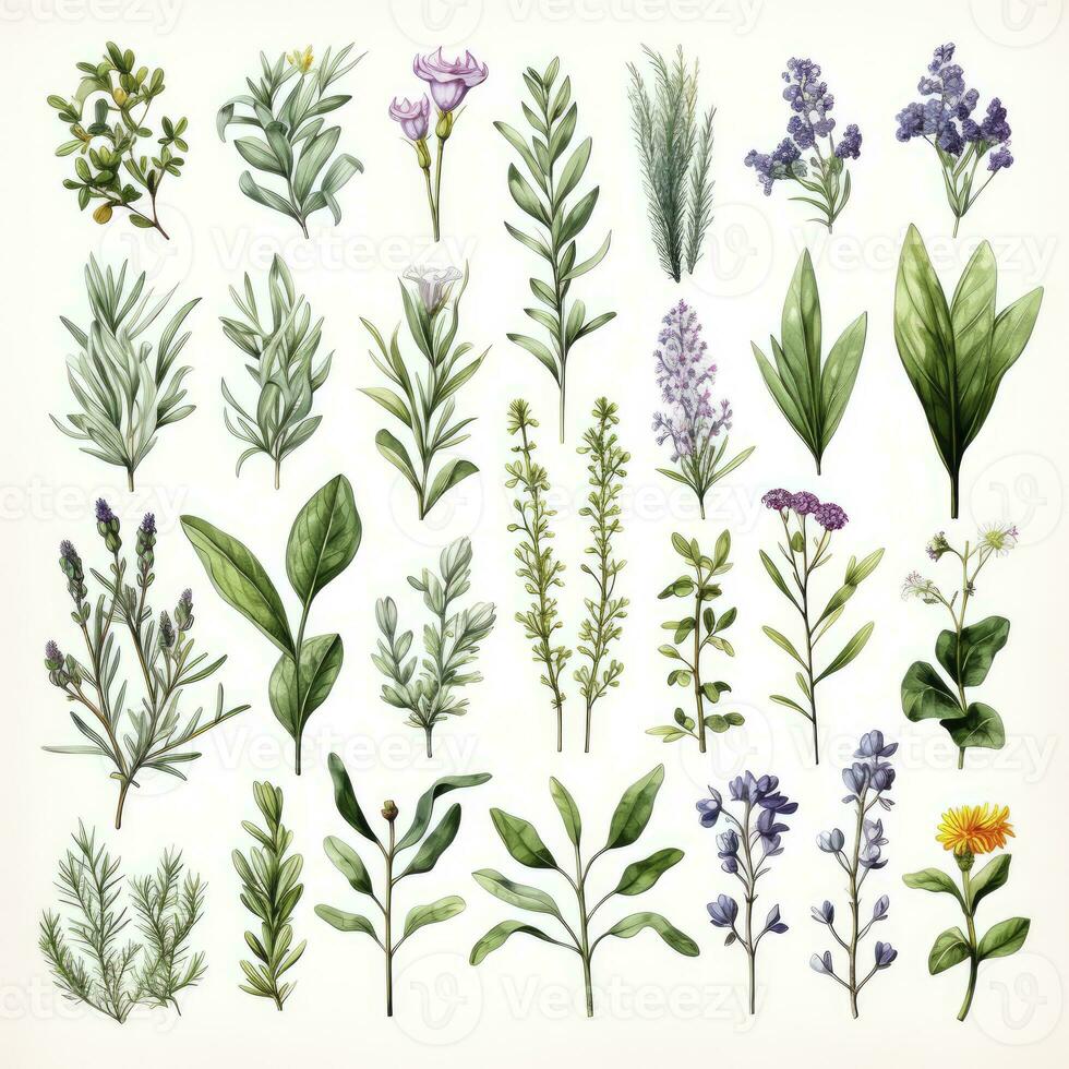 AI generated Collection of watercolor herbs clipart on white background. AI Generated photo