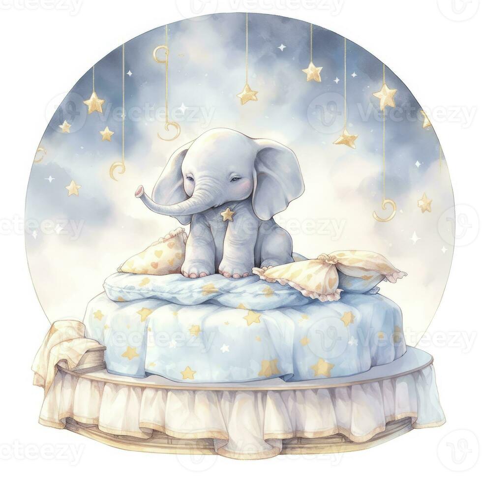 AI generated An elephant on a bed with stars and blankets around the circle. AI Generated photo