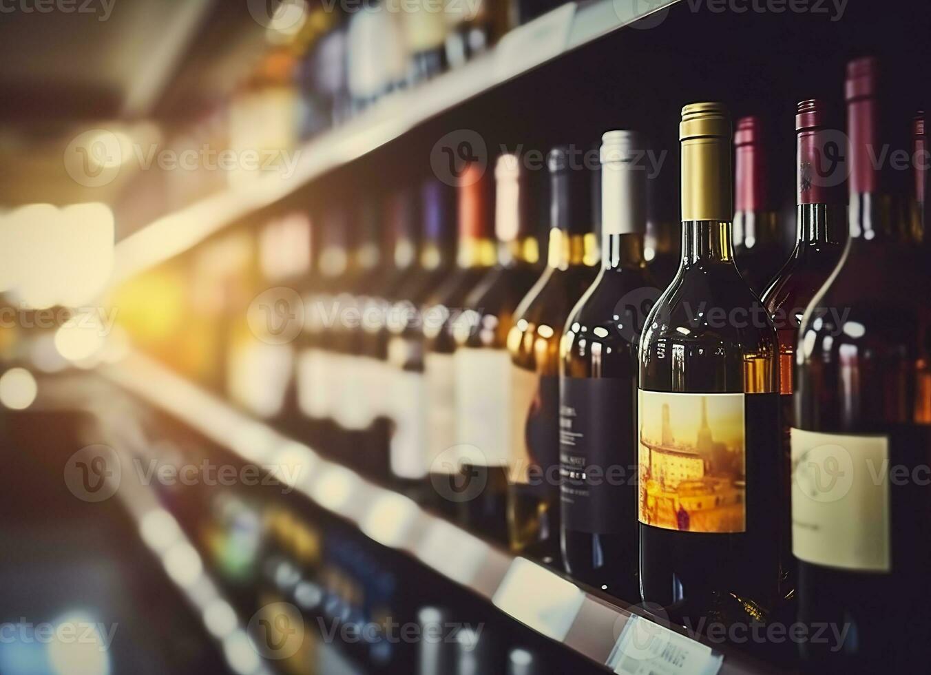 AI generated Abstract blur wine bottles on liquor alcohol shelves in supermarket store background. Generative AI photo