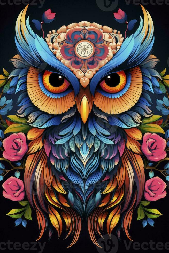 AI generated Multicolored mandala owl coloring page for adults. AI Generated photo