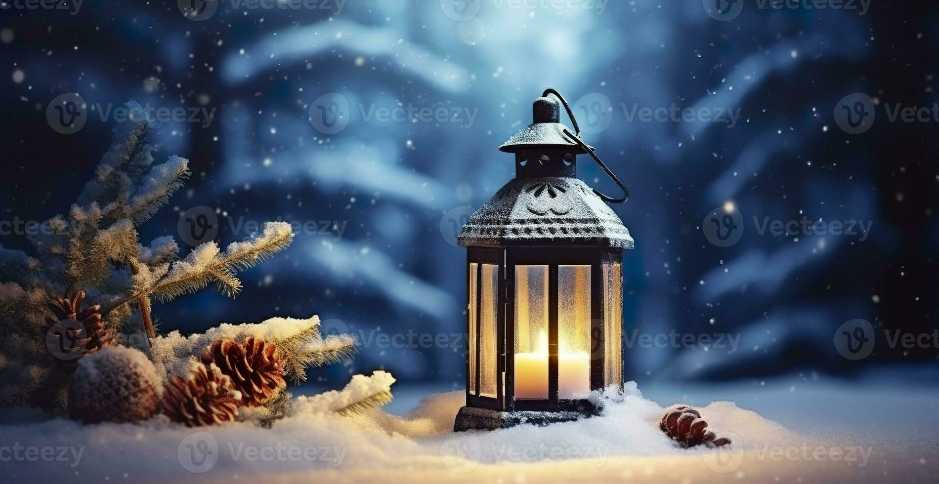 AI generated Christmas Lantern On Snow With Fir Branch In Evening Scene. Generative AI photo