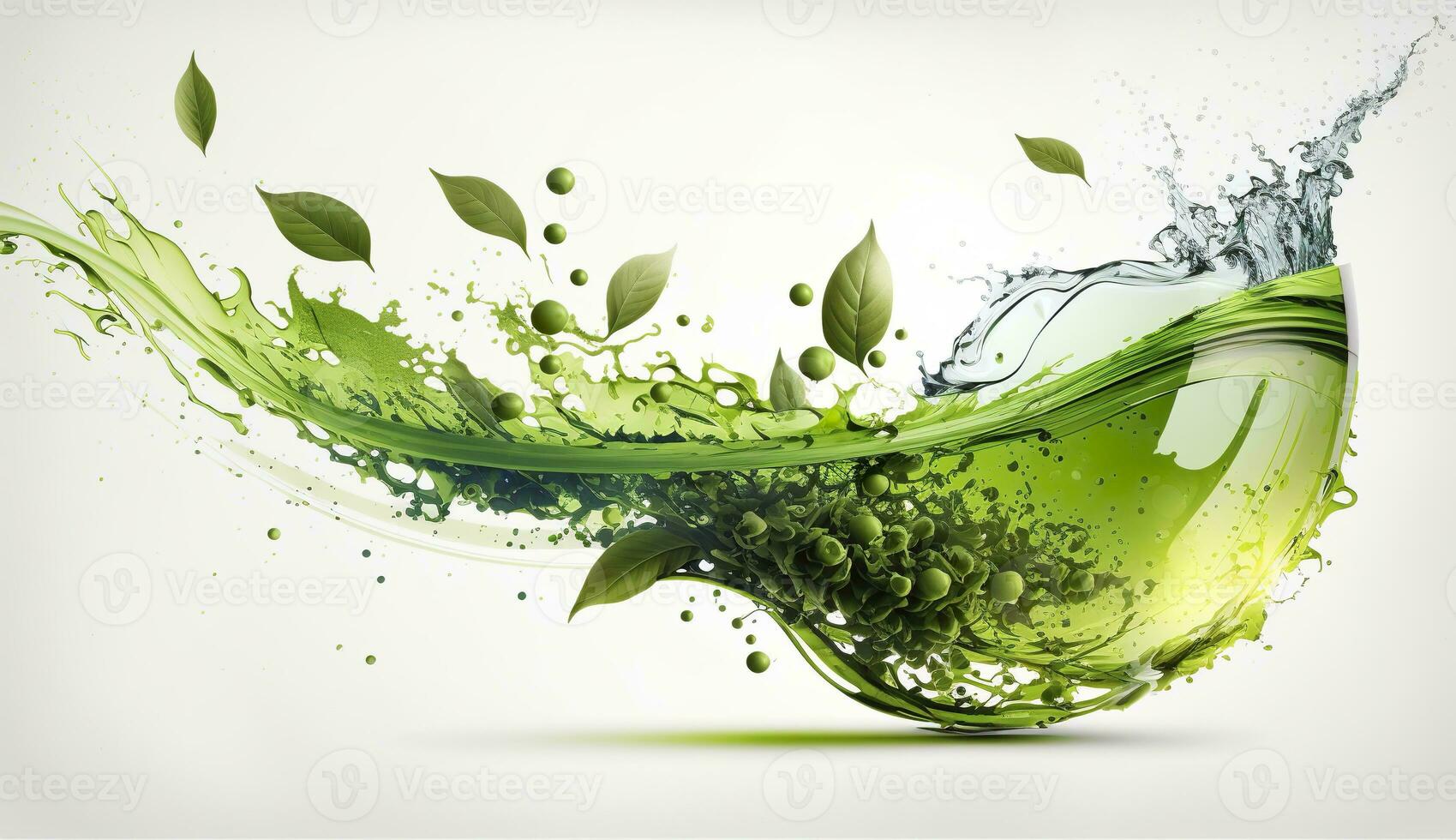 AI generated Green herbal tea wave splash with leaves flow. AI Generated photo