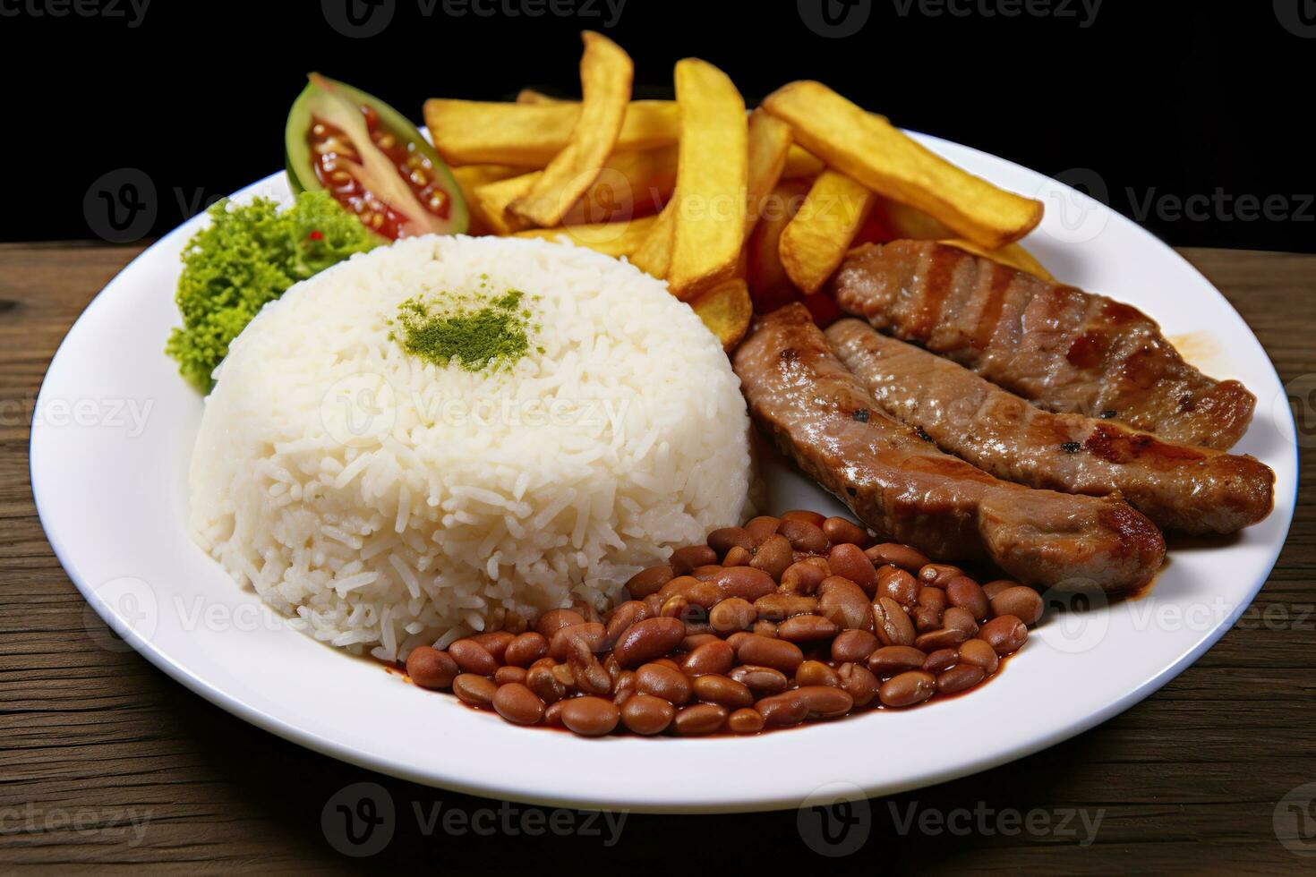 ai generado arroz, frijoles, francés papas fritas, y carne. generativo ai foto