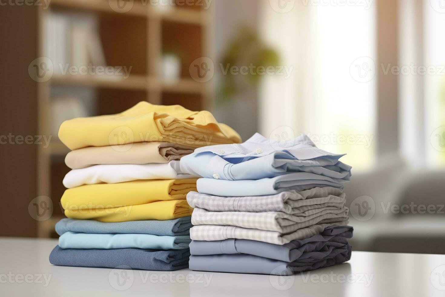 AI generated Stack of clean clothes on table in room. Generative AI photo