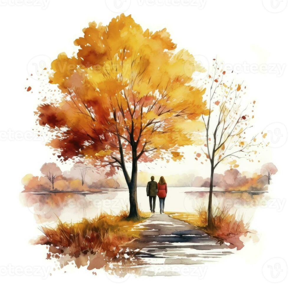 AI generated Watercolor autumn landscape with a couple walking. AI Generated photo