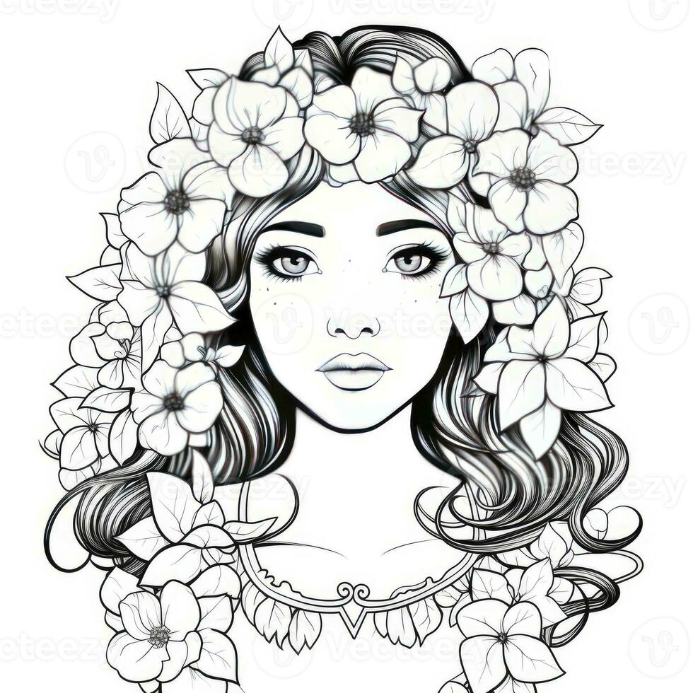 AI generated A girl on a coloring book page with Jasmine flowers. AI Generated photo