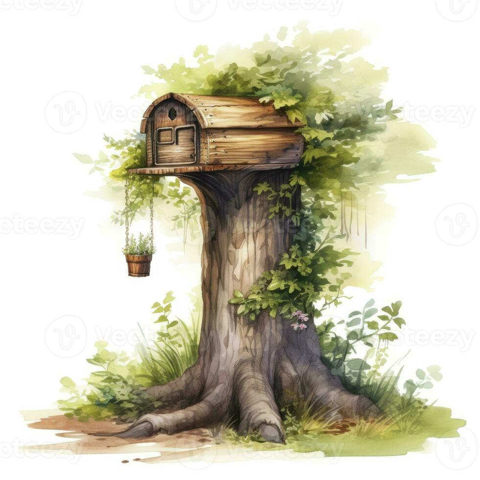 AI generated Watercolor mailbox in a tree on a white background. AI Generated photo