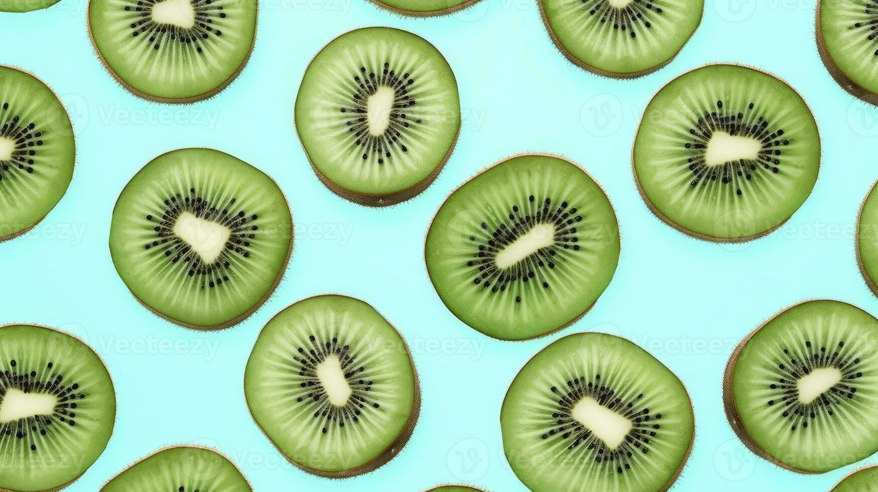 AI generated Slices of kiwi fruit and green mint leaves on a light pastel blue background. AI Generated photo