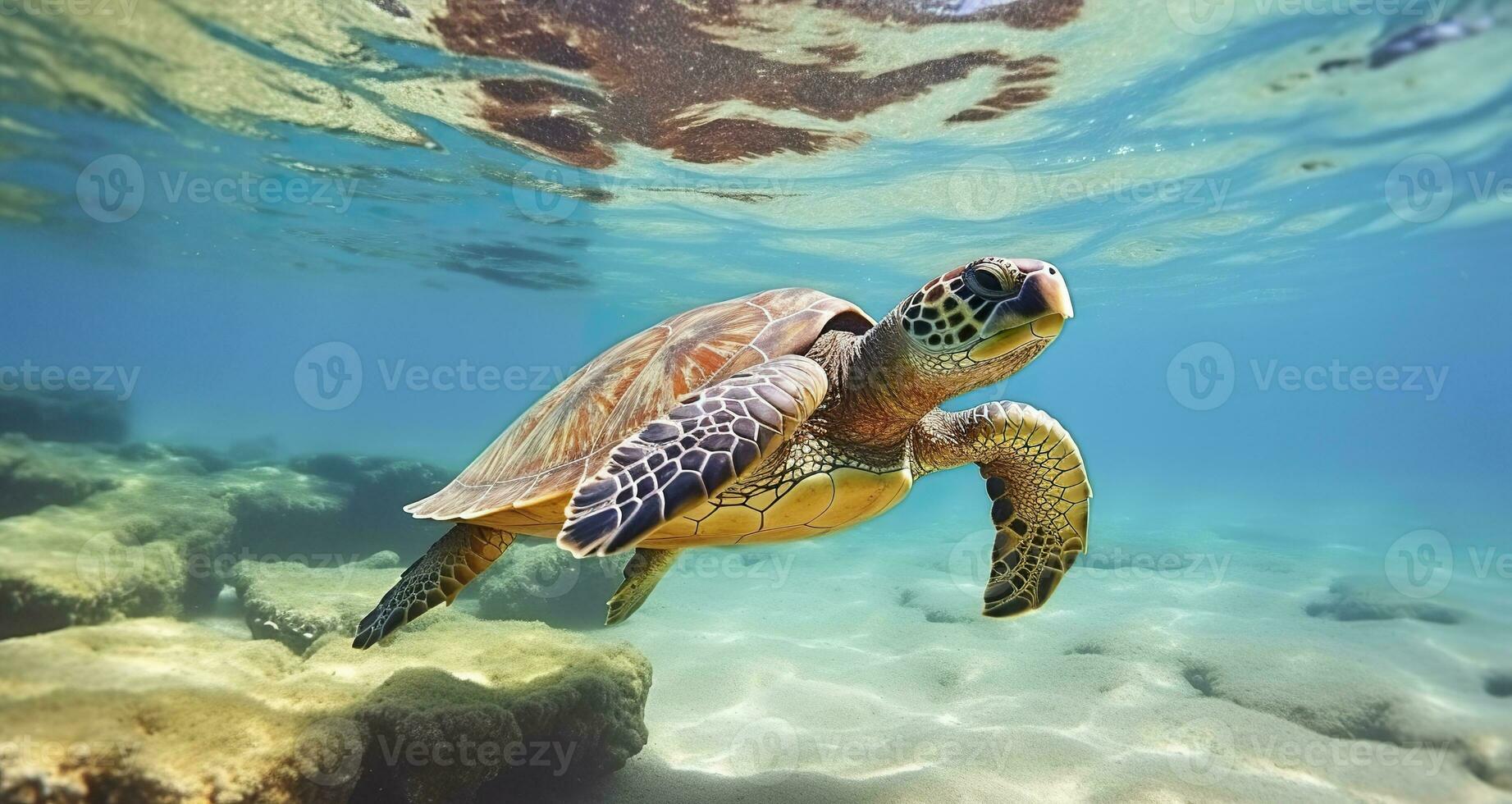 AI generated Photo of Sea turtle in the Galapagos island. Generative AI