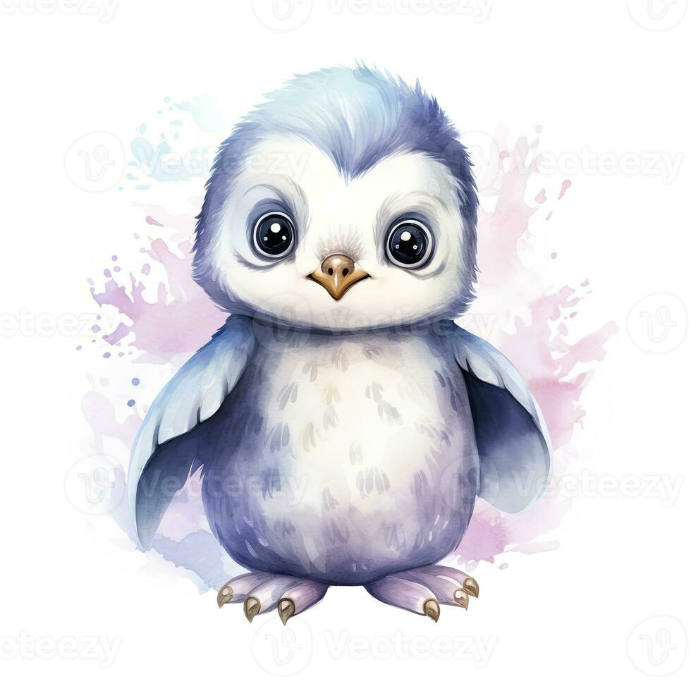 AI generated Watercolor fantasy Baby Penguin clip art isolated white background. AI Generated photo