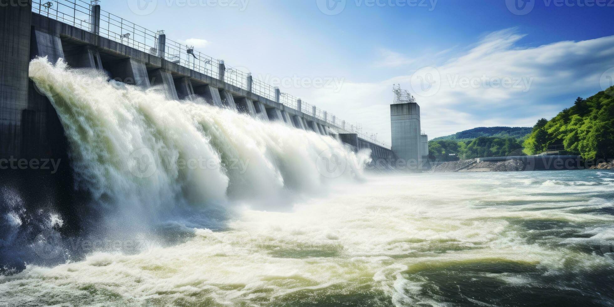 ai generado hidroeléctrico represa generando verde energía desde fluido agua. ai generado. foto