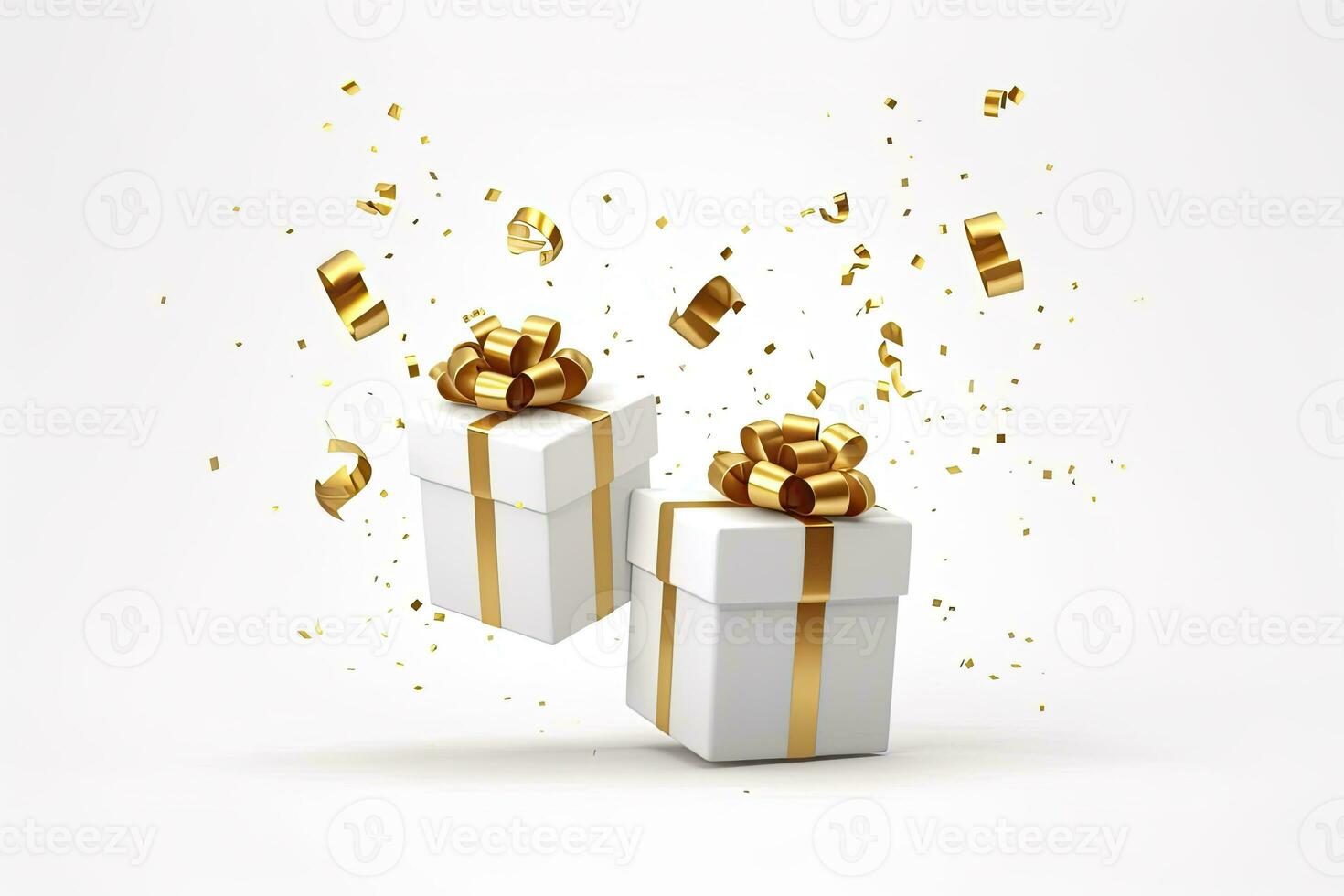 AI generated Merry New Year and Merry Christmas 2024 white gift boxes with golden bows and gold sequins confetti on white background. AI Generated photo